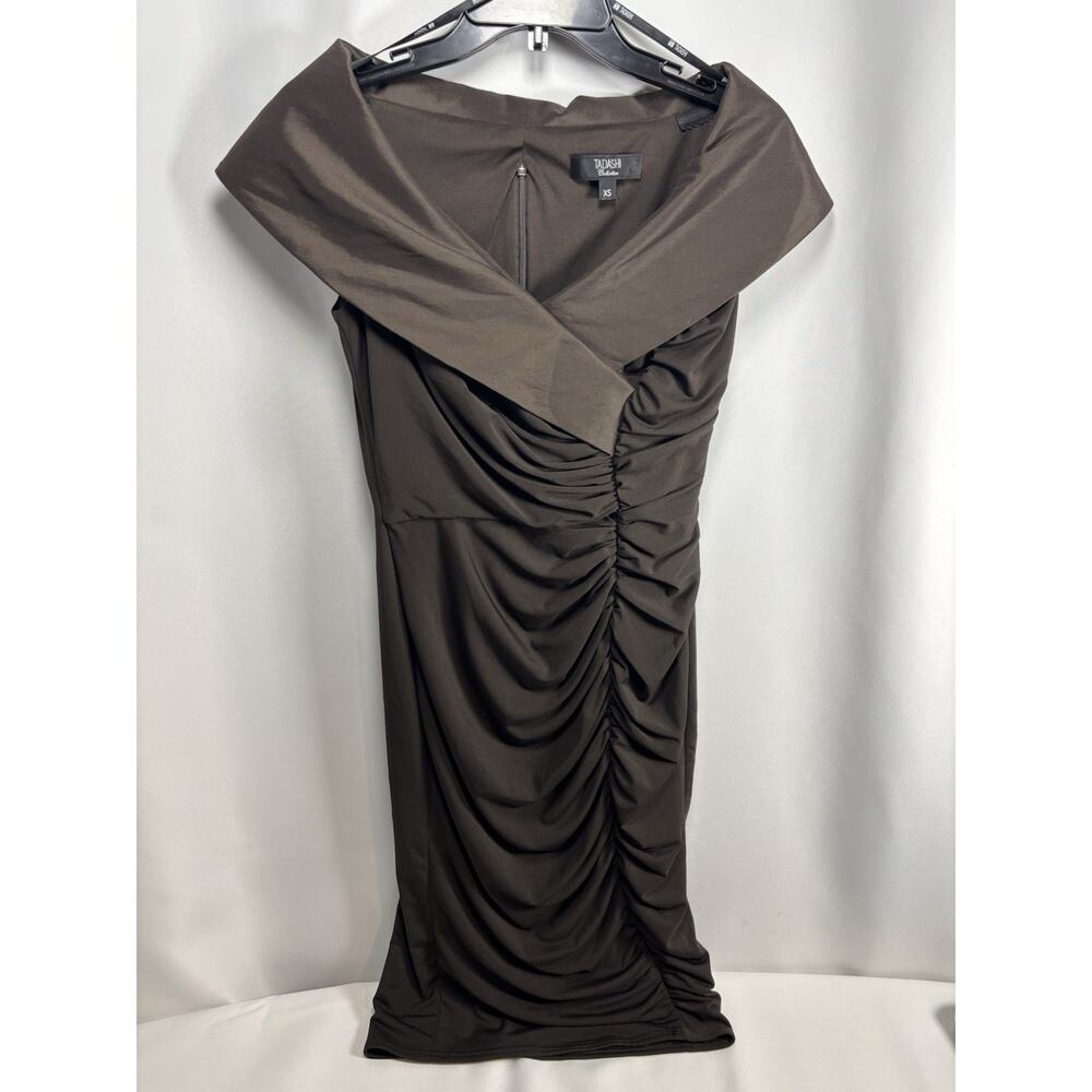 Tadashi Collection Size X-Small Ruched Front Collar Sheath Dress Brown Cocktail